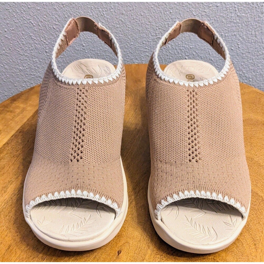 Bzees Sicily Stretch Knit Wedge Sandals Women's 8.5 W Beige Peep Toe Slingback - Picture 2 of 10